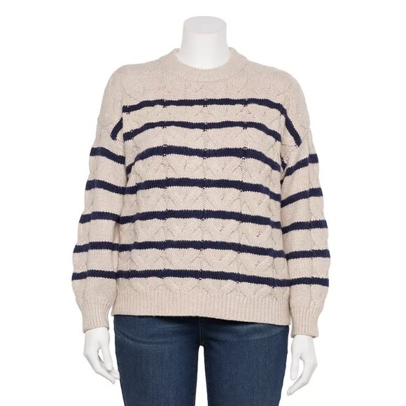 LC Lauren Conrad Cable Knit Womens Crewneck Sweater Size M Oatmeal Diana Stripe - Picture 3 of 15